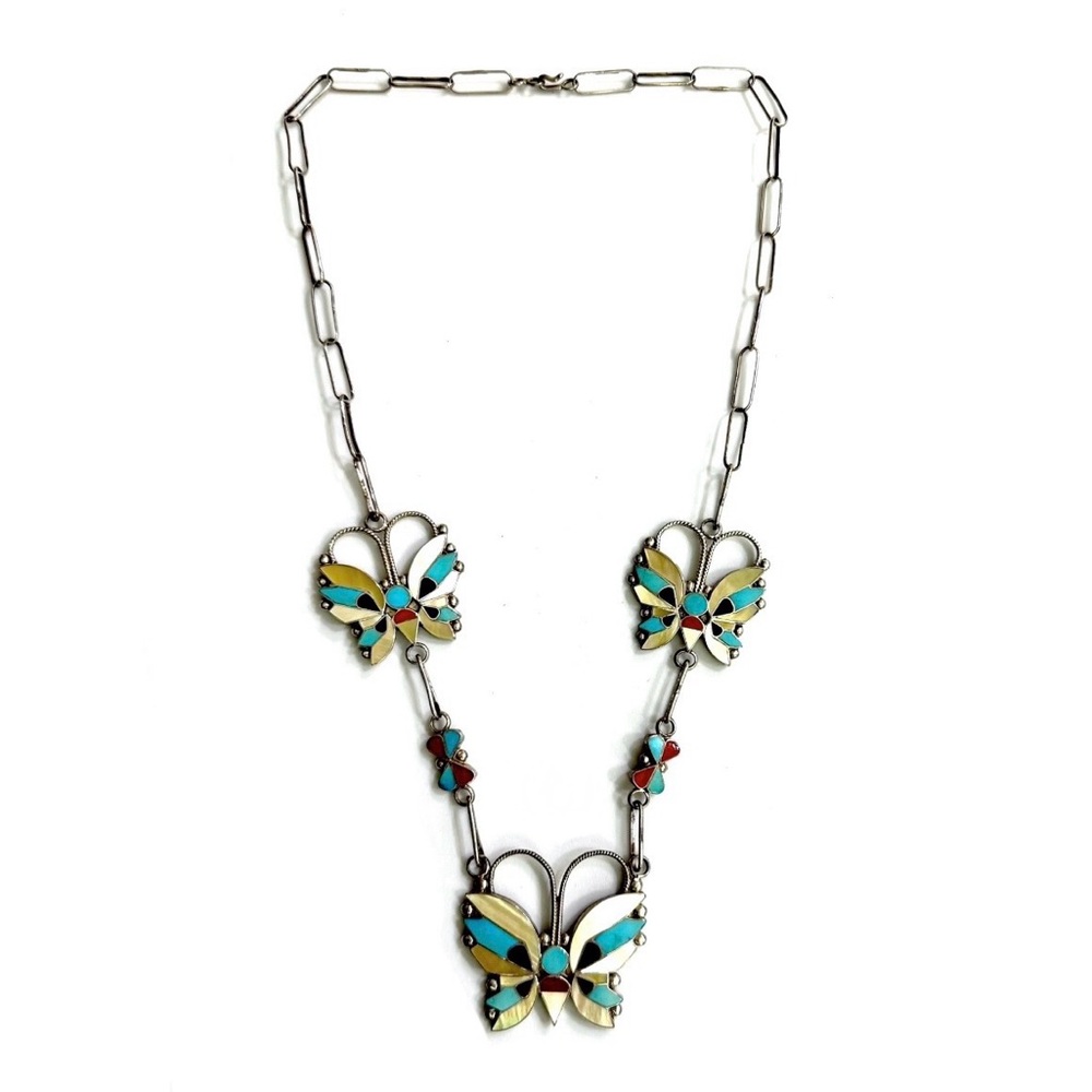 Signed - Rosita Wallace, Zuni. Vintage 1980s Inlay Butterfly 20” Necklace